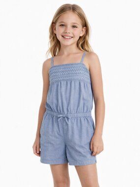 Nautica Girls Blue Romper Size 8/10 Smocked Chambray Summer